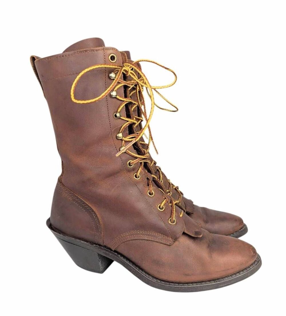 Vintage Kiltie grannie lace up brown leather western midcalf boots womens 8.5